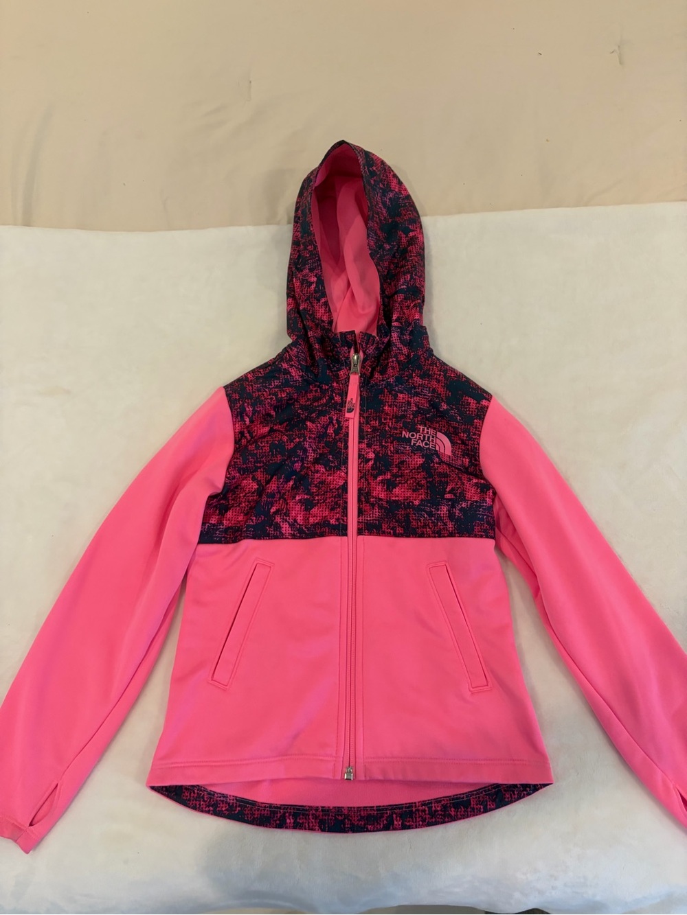 The North Face Girls' Pink Hooded Softshell Jacket with Navy-Pink Pattern